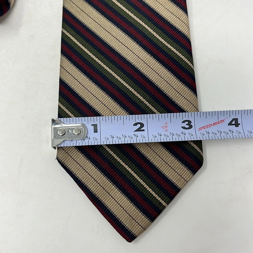 VINTAGE NEIMAN MARCUS 100% SILK TIE STRIPE BURGUNDY BLUE GREEN TAN